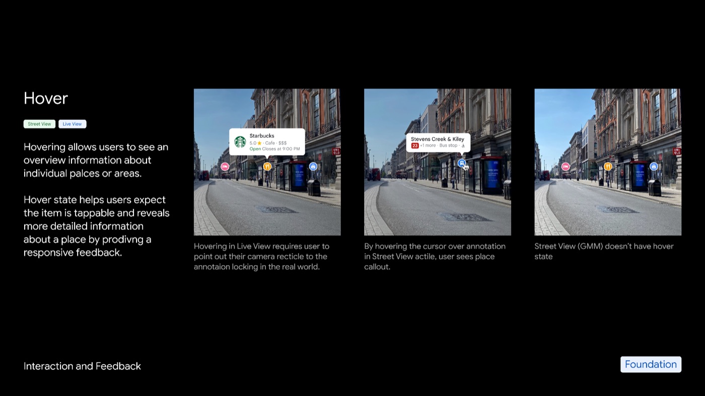 Views design system specification page defining hover behavior for place annotations across Street View and Live View